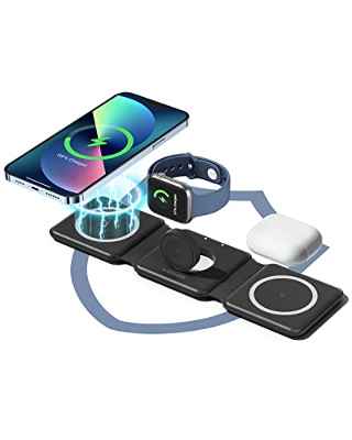 VEGER Cargador Inalambrico Rápido,15W Qi Wireless Charger Estación,3 en 1 Magnético Plegable Compatible con iPhone 14/13/12/11/8 Colección,AirPods2/3/Pro,iWatch SE/2/3/4/5/6/7,Samsung Note/S y más