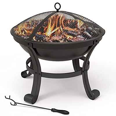 VOUNOT Brasero Exterior 55 cm Hoguera Jardín con Asador, Protector de Chispas, Pozo de Fuego Fire Bowl Negro, para Jardín Terraza Camping Fiesta