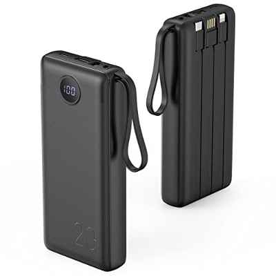 VRURC Power Bank 20000mAh 22.5W PD3.0 QC4.0 Carga Rápida Cargador Portátil con 4 Cables de Carga Integrados,Bateria Externa Movil con 4 Salidas y 2 Entradas Compatible con Smartphones