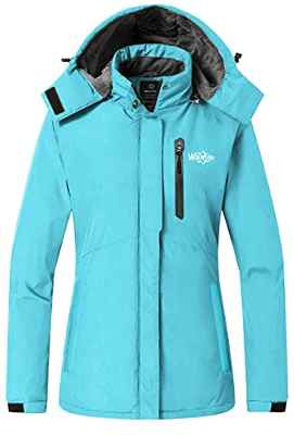 Wantdo Chaqueta de Esquí Aislante Impermeable Chaqueta de Esquí Aislante Impermeable Cazadora Trabajo Viaje Acampar Parka Cálida con Capucha Ajustable Extraíble para Mujer Azul Claro Large