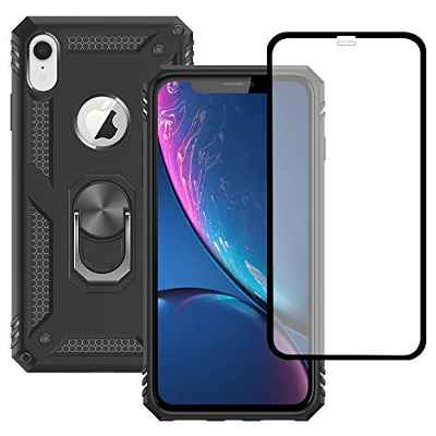 Yiakeng Funda iPhone XR, iPhone XR New Edition Carcasa, con Protector Pantalla Cristal Templado, Silicona Armor Case con Kickstand para iPhone XR Funda (Negro)