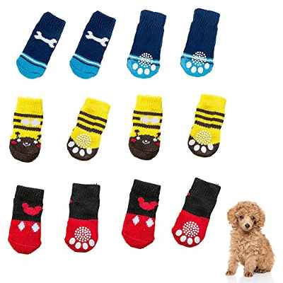 YZSZ, 12 Piezas Calcetines antideslizantes para mascotas Protectores de patas para perros gatos de Calcetines Suaves para interiores y exteriores en suelo de madera dura (3 colores)